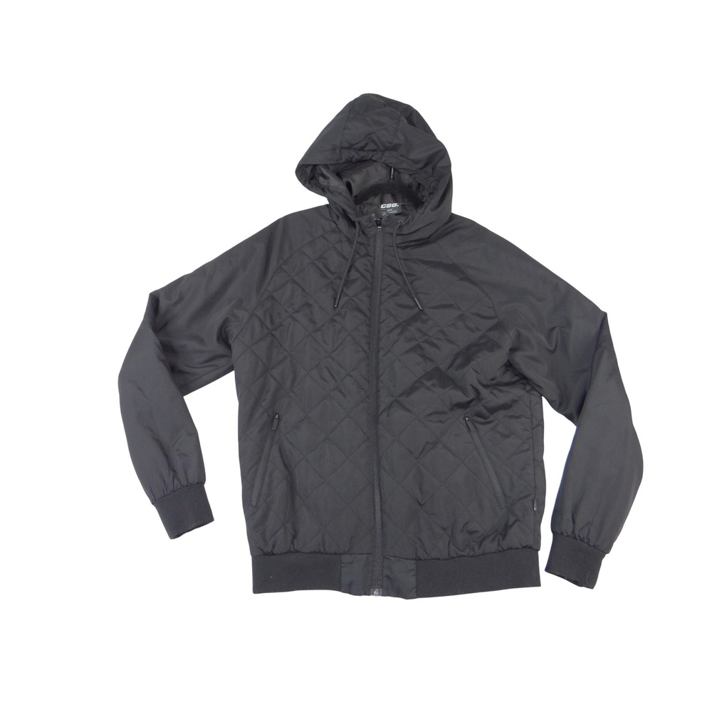 CSG Mens Black Diamond Quilted Hooded Bomber Jacket Full Zip Size Medium 3896